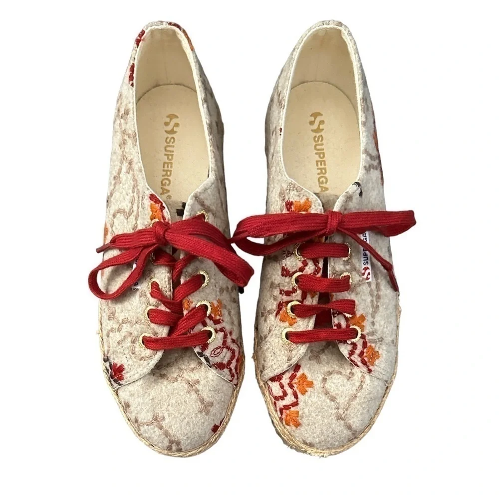 SUPERGA Wool Embroidered Espadrilles Platform Sneakers Shoes 7.5
